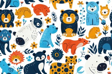 seamless pattern with animals, Bright and playful design featuring cute animals and floral elements, ideal for kids’ textiles and stationery., kids naive style, illustration, wallpaper