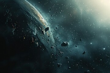 Stunning cosmic landscape featuring a planet and floating debris, perfect for space-themed visuals and games.