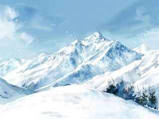 A set of watercolor of a snowy mountain range under a clear blue sky, capturing the crisp, cold air of winter, Clipart isolated concept minimal with white background