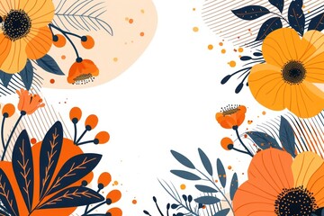 background with flowers and copy space, on whie background, Bold floral pattern with striking orange flowers, perfect for vibrant spring and summer collections.Energetic and cheerful floral design,