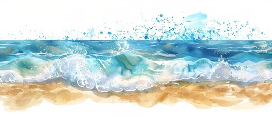 A set of watercolor of a tranquil ocean, capturing the essence of a serene beach day, evoking calm and relaxation, Clipart isolated with a white background