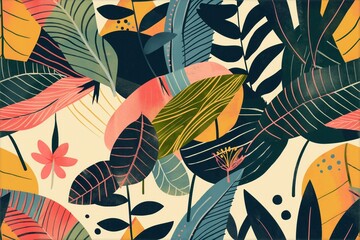 Colorful botanical illustration ideal for modern home decor and textile designs Exotic leaf motifs with a bold and contemporary aesthetic, great for fashion and accessory design..