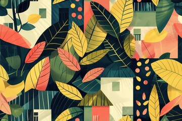 ¡leaves seamless pattern, Vibrant tropical leaf design with a mix of rich colors and shapes, perfect for fabric and wallpaper, Lush and detailed tropical scene, excellent for enhancing indoor 
