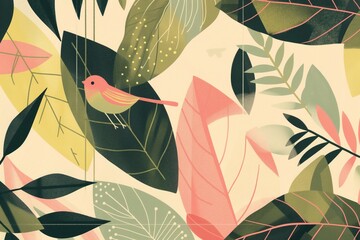 pattern with leaves and charming bird and foliage pattern, perfect for delightful wallpaper and textile designs.naive style, illustration