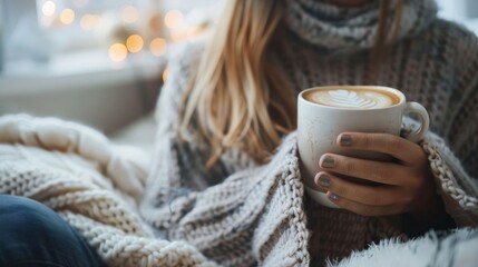 Close-up of a content woman enjoying a cup of coffee in bed at home for the concept of drink, Christmas, and hygge.