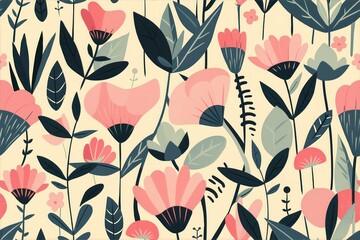 seamless floral pattern,Soft and charming floral pattern with pastel tones, perfect for delicate home textiles and wallpaper designs.Elegant botanical print featuring stylized pink and black flowers, 