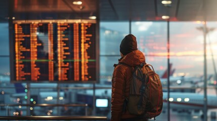 Traveler at Airport Checking Flight Information