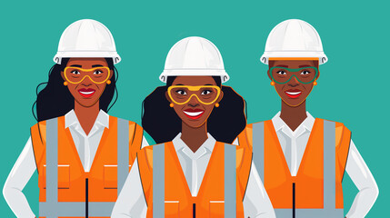 team of female construction workers or engineers wearing safety gear and hard hats isolated on teal background