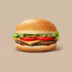 3d realistic yummy close-up: hamburger featuring onion, mustard, tomato sauce, and mayo against a clean backdrop
