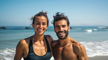 Fototapeta premium Multiracial Couple Smiling on Sunny Beach
