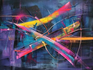 Neon light arrows bending and stretching across the canvas, creating a sense of movement and energy