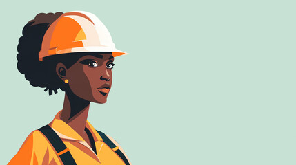  African American woman construction worker wearing a hard hat, looking to the side with a simple background