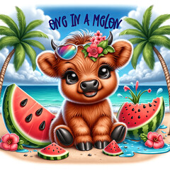 Fototapeta premium Cute highland cow with sunglasses and a flower crown, surrounded by watermelons and palm trees on a sunny beach.