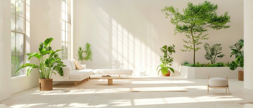Minimal living room with indoor plants. Bright authentic home interior with plants. Home gardening and biophilic design Sunlight fills the spacious, airy rooms