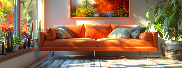Beautiful living room with orange sofa, decorated in summer colors. Interior design