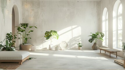 Minimal living room with indoor plants. Bright authentic home interior with plants. Home gardening and biophilic design Sunlight fills the spacious, airy rooms