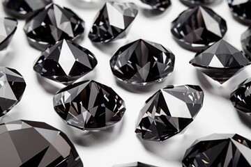 A striking display of black diamond jewels, each cut to perfection and isolated against a pure white background, emphasizing their unique luster