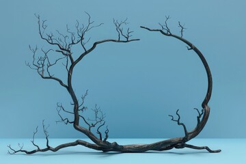 3D render of an empty tree circle frame on a blue background, fantasy concept art