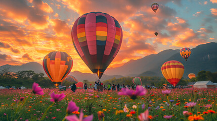 Field Full of Hot Air Balloons Flying in the Sky