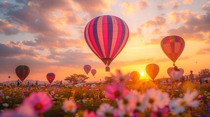 Fototapeta premium Hot Air Balloons Floating in a Field