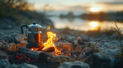 Vintage coffee pot on camping fire. Wonderful evening atmospheric background of campfire. Romantic warm place with fire - Powered by Adobe