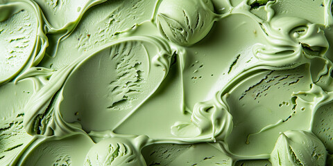 A detailed view of a cake covered in green frosting and decorated with swirls