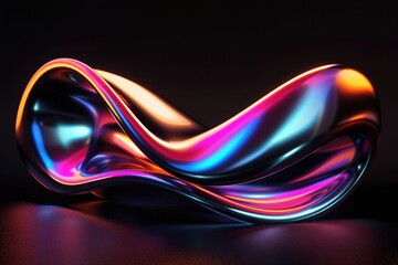 3d render of fluid shape with colorful holographic gradient on black background, abstract futuristic design element, vibrant metal surface, liquid curve