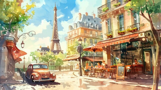 Parisian Charm: Vintage Car and Caf&eacute; with Eiffel Tower View