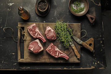 A wooden cutting board with four pieces of meat and some herbs on it