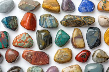 A collection of colorful rocks on a white background