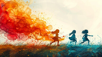 Silhouette of children playing with watercolor background.