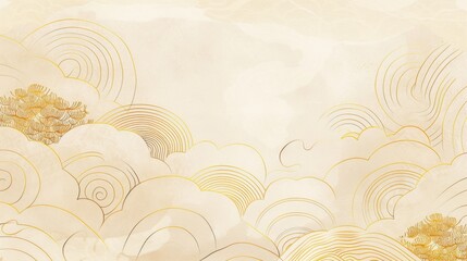 A background with a beige gradient of clouds, simple lines and curves in the style of a Chinese pattern, a light gold color scheme, a vector illustration in a flat design.