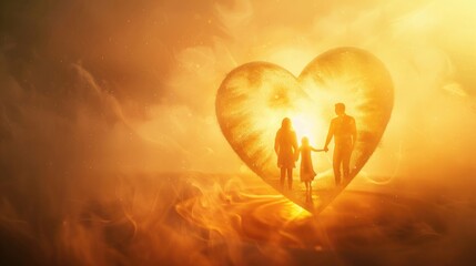 3D rendering of a heart-shaped form with a family holding hands inside, a shield floating above the couple and child