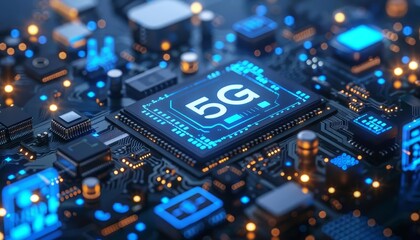 Fototapeta premium A conceptual image of a 5G chip embedded in a variety of devices, from smartphones to home appliances, enhancing connectivity