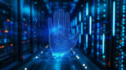 A conceptual image of a digital handprint scanner granting secure access to a confidential data center