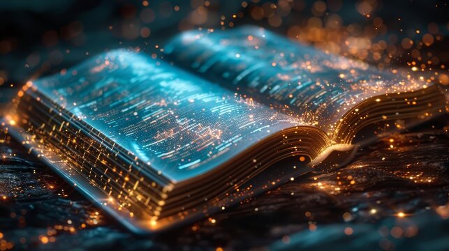 A conceptual image of a blockchain ledger book, with digital pages made of light and data