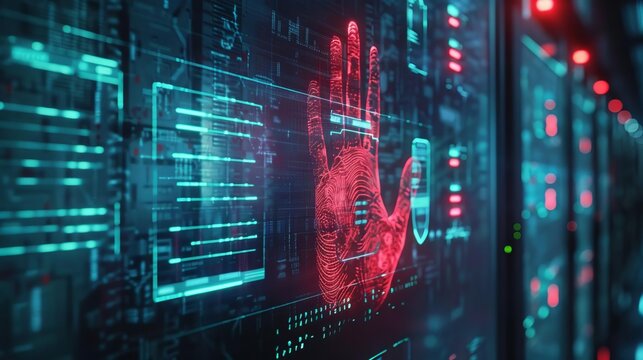 A conceptual image of a digital handprint scanner granting secure access to a confidential data center