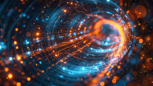 A conceptual image of a quantum computing circuit with light pulses traveling through superconducting cables