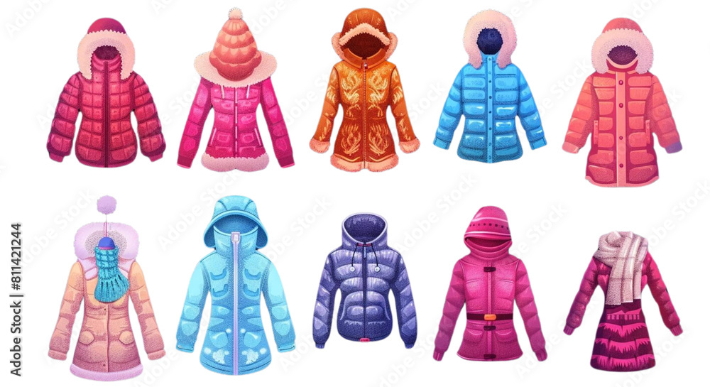 Sticker Warm winter clothes icons set isolated. Cute winter wear illustrations, apparel