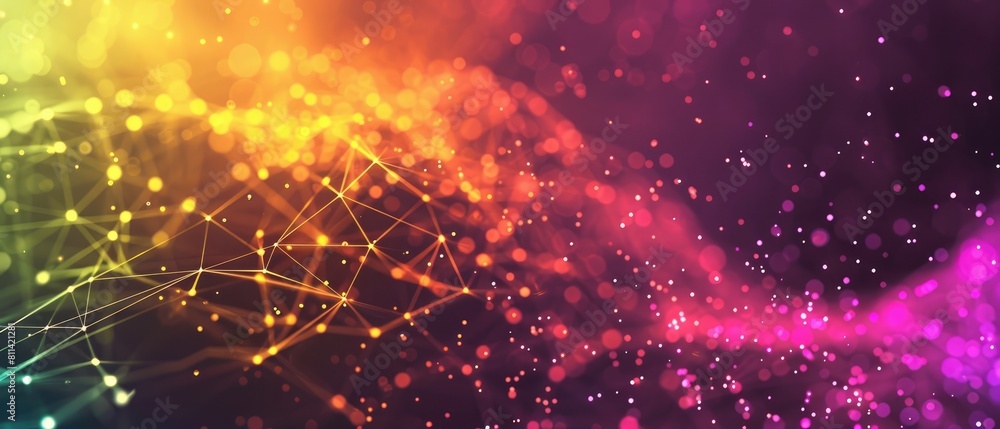 Poster purple orange green abstract background with a network grid and particles connected