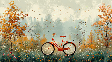 Illustration of bicycle in a city skyline in the background.