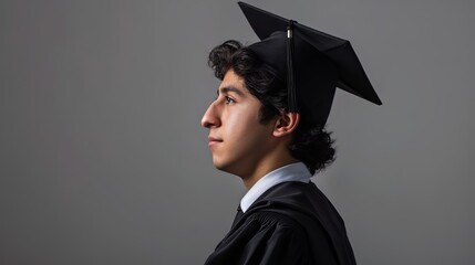A man in a black graduation cap and gown stands in front of a gray background