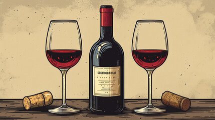 Illustration of a bottle of red wine and two glasses.	