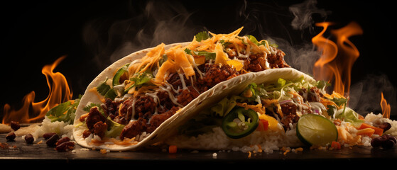 Spicy Ground Beef Taco with Cheese and Vegetables on a Flaming Background