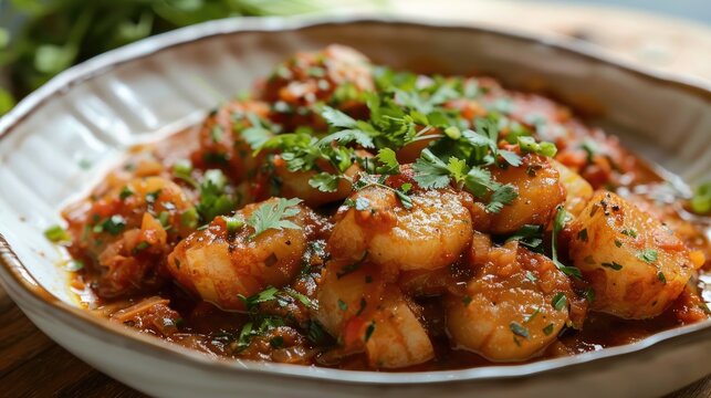 Sauteed taro roots with a flavorful onion and tomato gravy topped with fresh coriander