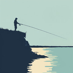 Silhouette of angler fishing by a misty lake at sunrise.