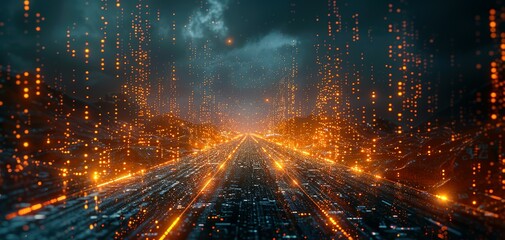 Abstract highway path through digital binary towers in city. 3D rendering Concept of big data, machine learning, artificial intelligence, hyper loop, virtual reality, high speed network