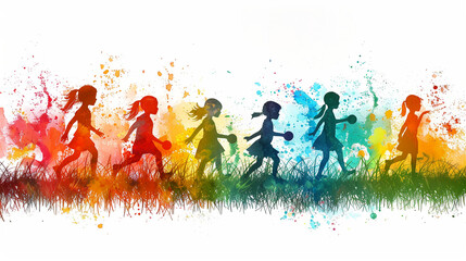 Silhouette of children playing with watercolor background.