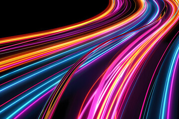 Vibrant neon lines twist and turn in display of creativity on black background.