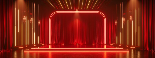 Red background, golden lines, light and shadow effects, stage style background.